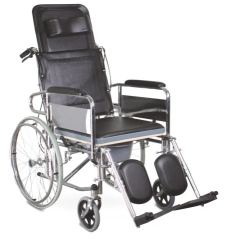 609GC Steel Foldable Frame, Reclining Back, Commode Seat with Bucket, Armrest, Elevating Footrest, Rear Wheel with Hand Rim