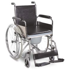 Steel Foldable Frame, Commode with Bucket, Flip-up Armrest & Footrest, Solid Rear Wheel, Hand Rim